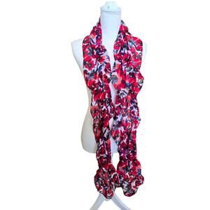 Long Skinny Ruffle Floral Scarf 72" 6 Ft Red Blue Multicolor 100% Polyester Vtg
